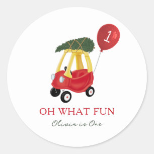 Oh wat een leuke Kerstauto 1e Verjaardagsfeestje Ronde Sticker