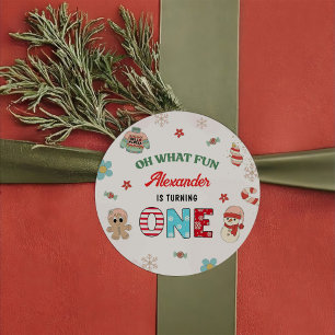 Oh wat een leuke winter kerst 1e verjaardag ronde sticker