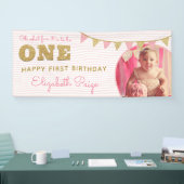 Oh, wat leuk om een roze en gouden eerste verjaard spandoek (Beurs)