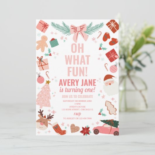 Oh wat leuk roze kerst winter 1e verjaardag kaart (Staand voorkant)