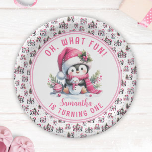 Oh Wat Leuk Schattigee Pinguïn Winter Meisje 1e Ve Papieren Bordje