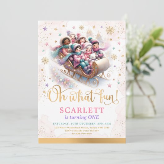 Oh wat leuk slee rijden meisje 1e verjaardag kaart (Staand voorkant)