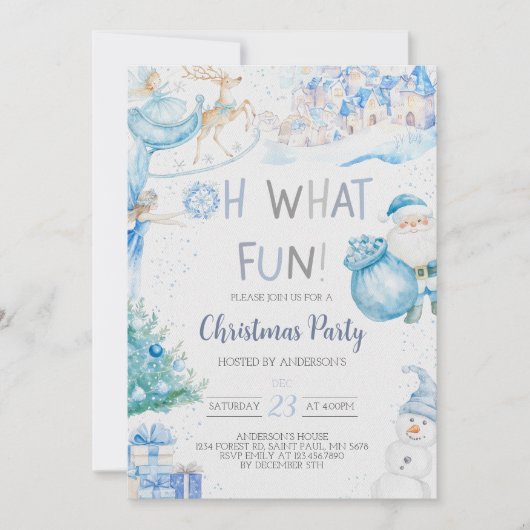 Oh What Fun Blue Christmas Party Invitation (Devant)