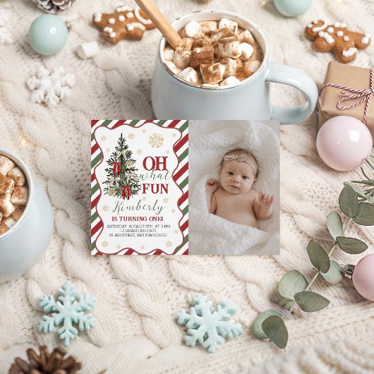 Oh What Fun First Birthday Photo Invite Kaart