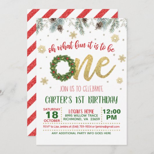 Oh What Fun it to Be One Birthday Invitation Wr (Devant / Derrière)