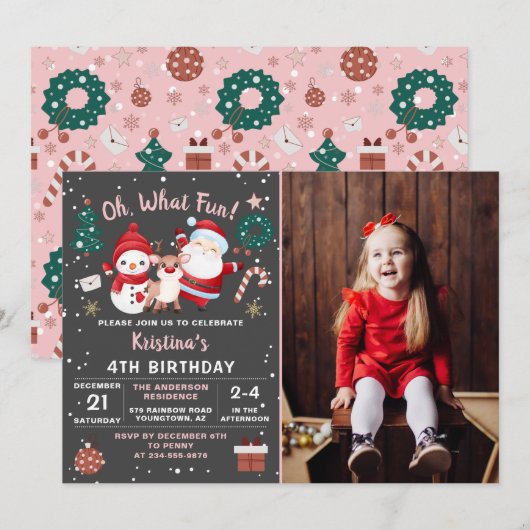 Oh What Fun Pink Black Kerstmis Birthday Foto Kaart (Voorkant / Achterkant)