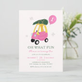 Oh What Fun Pink Car Girl 1st Birthday Invitation (Debout devant)