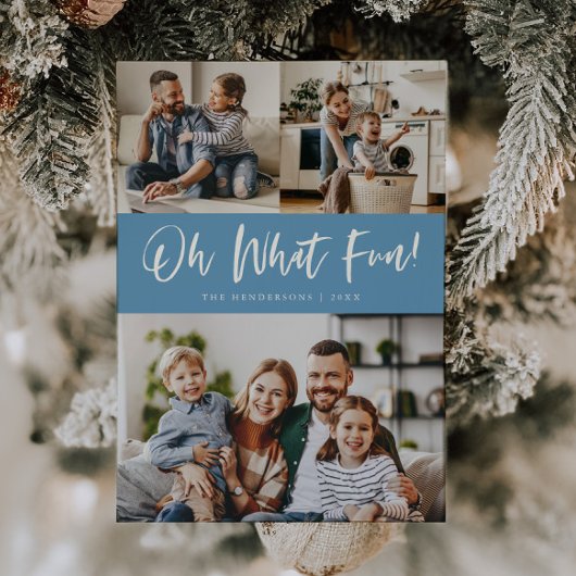 Oh What Fun Script Christmas Photo Denim Blue Feestdagenkaart