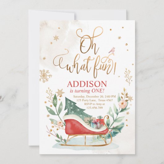 Oh What Fun Winter Sleigh 1er Birthday Invitation (Devant)