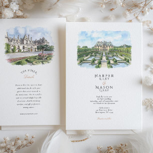 Oheka Castle New York Aquarel Bruiloft Kaart