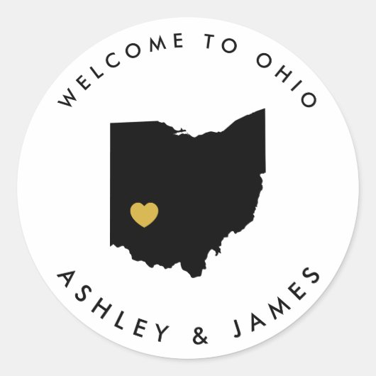 Ohio Bruiloft Welkom Sticker Label, Zwart & Goud (Voorkant)