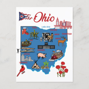 Ohio-kaart met grote steden toeristische bestemmin briefkaart