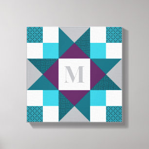 Ohio Star Quiltblok in Blauwgroen, Grijs, Paarse, Canvas Afdruk