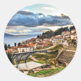 Ohrid, Macedonië panoramisch zicht Ronde Sticker