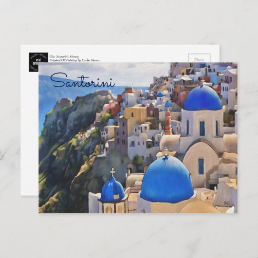 Oia, Santorin. Carte postale de peinture grecque (Devant / Derrière)