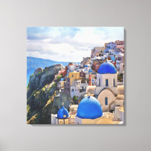 Oia, Santorini. Griekenland. Olieverf. Canvas afdr Afdruk