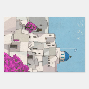 Oia Santorini Island Greece Whimsical Illustration Inpakpapier Vel