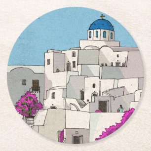 Oia Santorini Island Greece Whimsical Illustration Ronde Kartonnen Onderzetter