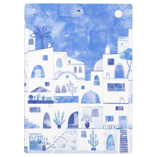 Oia Santorini Waterverf Townscape Painting Klembord (Achterkant)