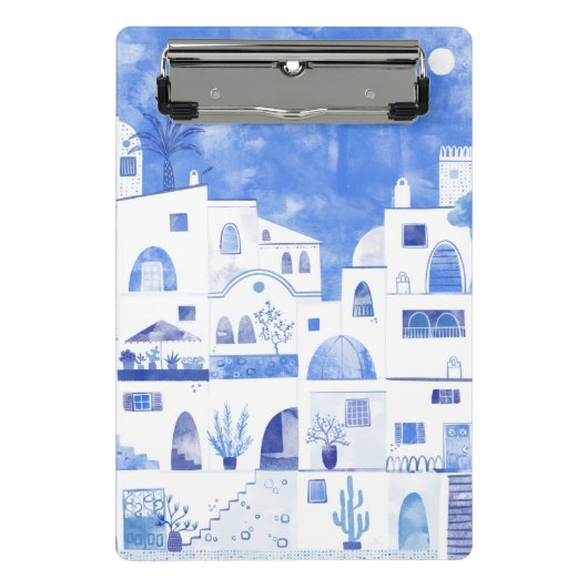 Oia Santorini Waterverf Townscape Painting Mini Klembord (Voorkant)