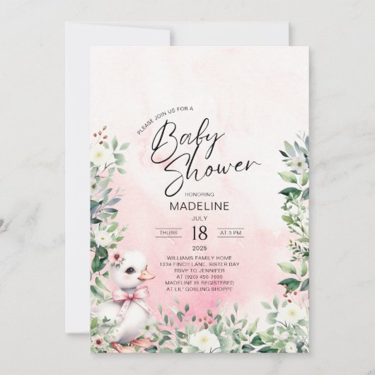 Oie avec Bow rose fille Baby shower Invitation (Devant)