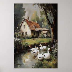 Oies dans un village, impression de printemps, pei