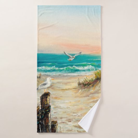  oil painting of ocean beach dunes with seagulls o (Serviette de bain)