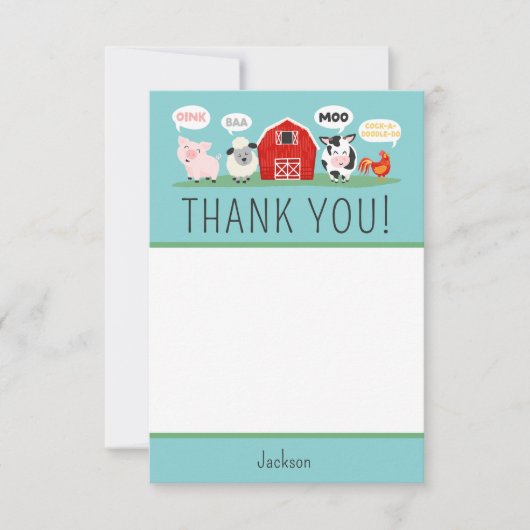 Oink Baa Moo Dank u Boerderij Dier Party Kinder Bedankkaart (Voorkant)