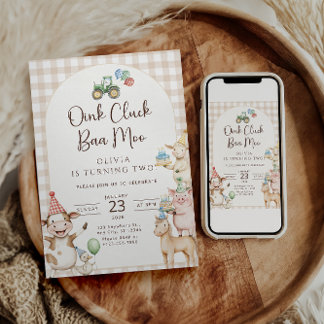 Oink Baa Moo Turning Two Birthday Invitation