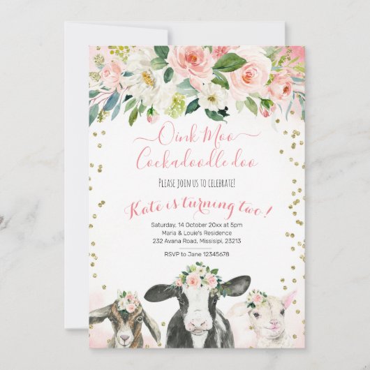Oink Moo Cockadoodle Doo Girl Birthday Invitation (Devant)
