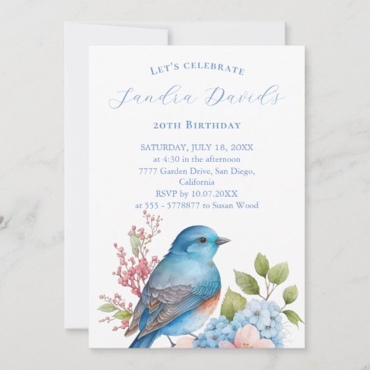 Oiseau bleu romantique Invitation Anniversaire (Devant)
