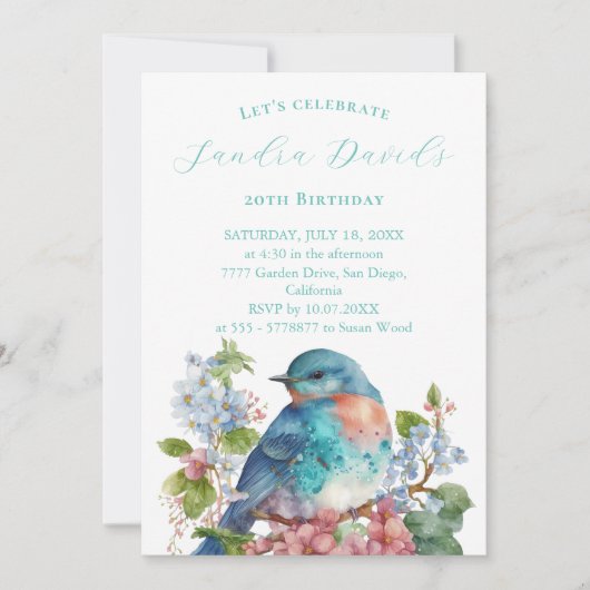 Oiseau bleu romantique Invitation Anniversaire (Devant)
