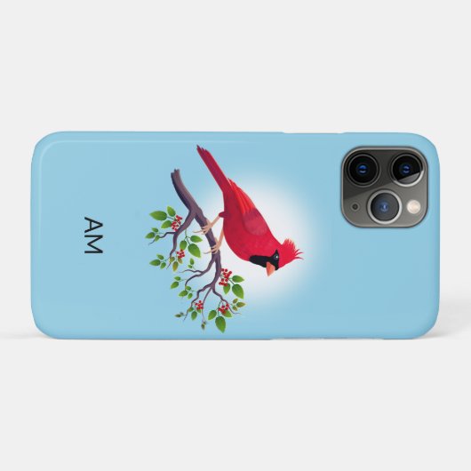 Oiseau cardinal rouge et monogramme sur Coque bleu (Dos (Horizontal))