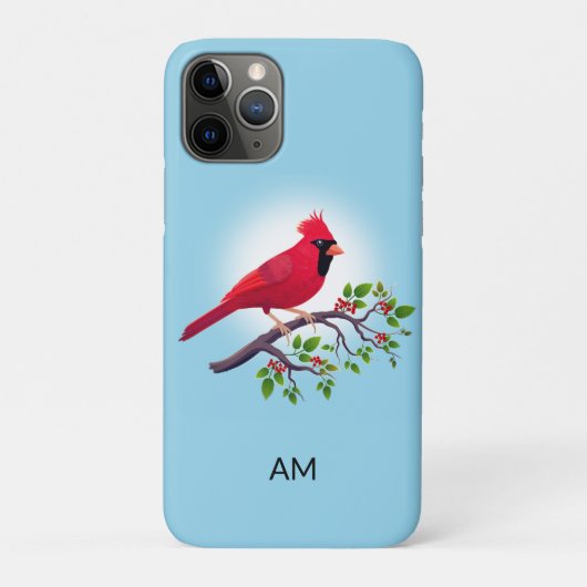 Oiseau cardinal rouge et monogramme sur Coque bleu (Dos)