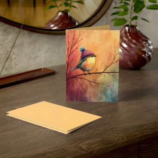 Oiseau chanteur d'hiver au chapeau tricoté | Carte