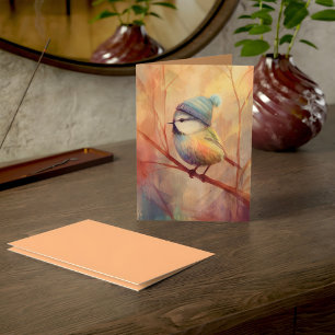 Oiseau chanteur d'hiver au chapeau tricoté Carte