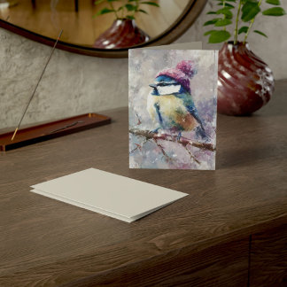 Oiseau chanteur d'hiver en chapeau tricoté | Carte