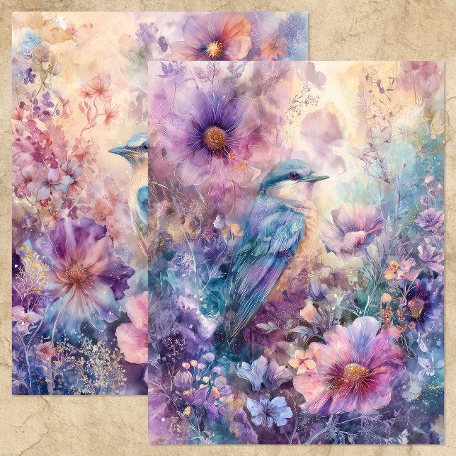 OISEAU DANS JARDIN FLEURI DE PRINTEMPS PAPIER POUR (BIRD IN SPRING FLORAL GARDEN SCRAPBOOK PAPER)