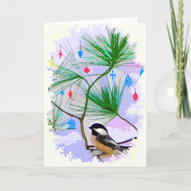 Oiseau de Chickadee dans la carte d'arbre de Noël (Devant)