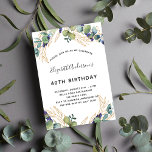 Oiseau d'eucalyptus verdure élégante invitation<br><div class="desc">Pour une fête d'anniversaire de 40e (ou tout âge). Un arrière - plan blanc décoré de verdure d'eucalyptus et de feuilles dorés. Personnalisez et ajoutez vos noms et les détails du mariage. Lettres noires et dorées.</div>