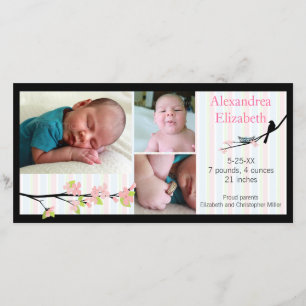 Oiseau et fleurs dans le faire-part de naissance