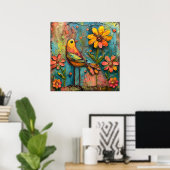 OISEAU ET POSTER FLORAL (Bureau à domicile)
