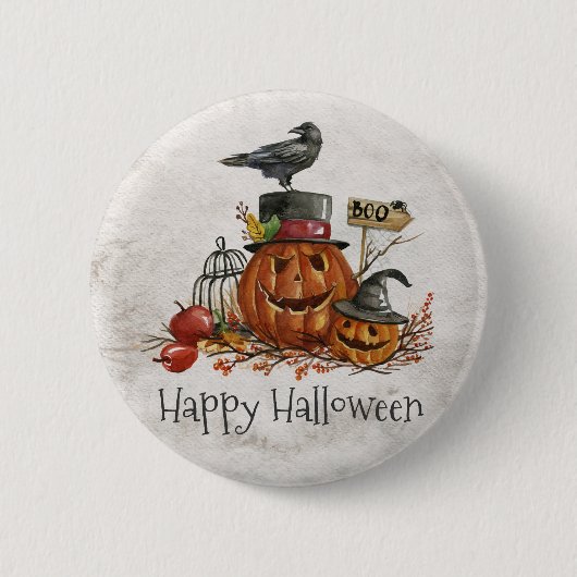 Oiseau noir d'Halloween et Citrouilles | Badge (Devant)