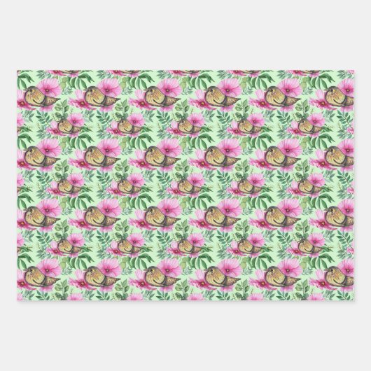 Oiseau Perché Sur Fleurs Roses Branches Feuilles (Devant 2)