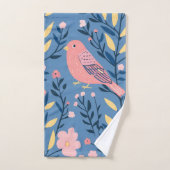 Oiseau rose mignon sur bleu gris Jeu d'oreiller (Serviette à main)