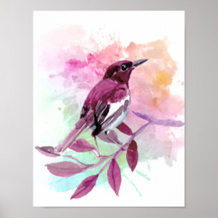 Oiseau sur une branche aquarelle affiche de la nat