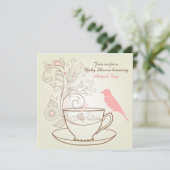 Oiseau, Teacup, Fleurs Invitation Baby shower ~ Fi (Debout devant)