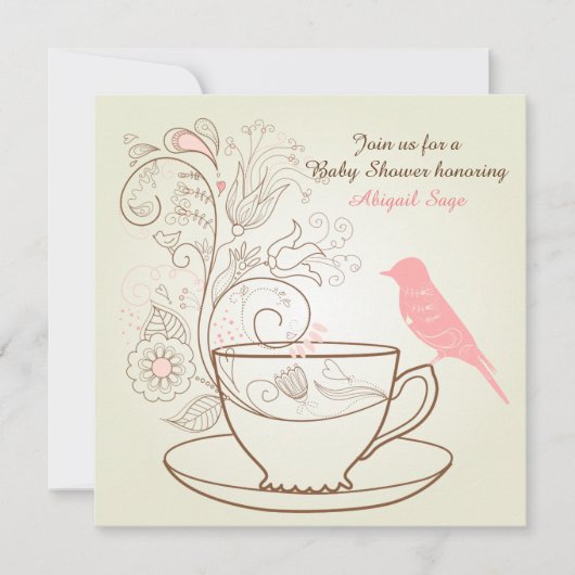 Oiseau, Teacup, Fleurs Invitation Baby shower ~ Fi (Devant)