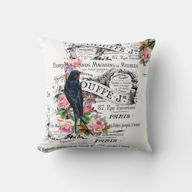 Oiseau vintage, roses, coussin de Paris (Recto)
