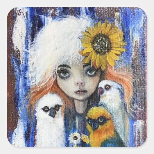 Oiseaux avec des autocollants de carré fille migno (Devant)